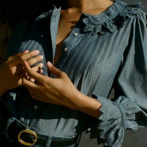 Doen Hickory ruffled embroidered organic cotton blouse